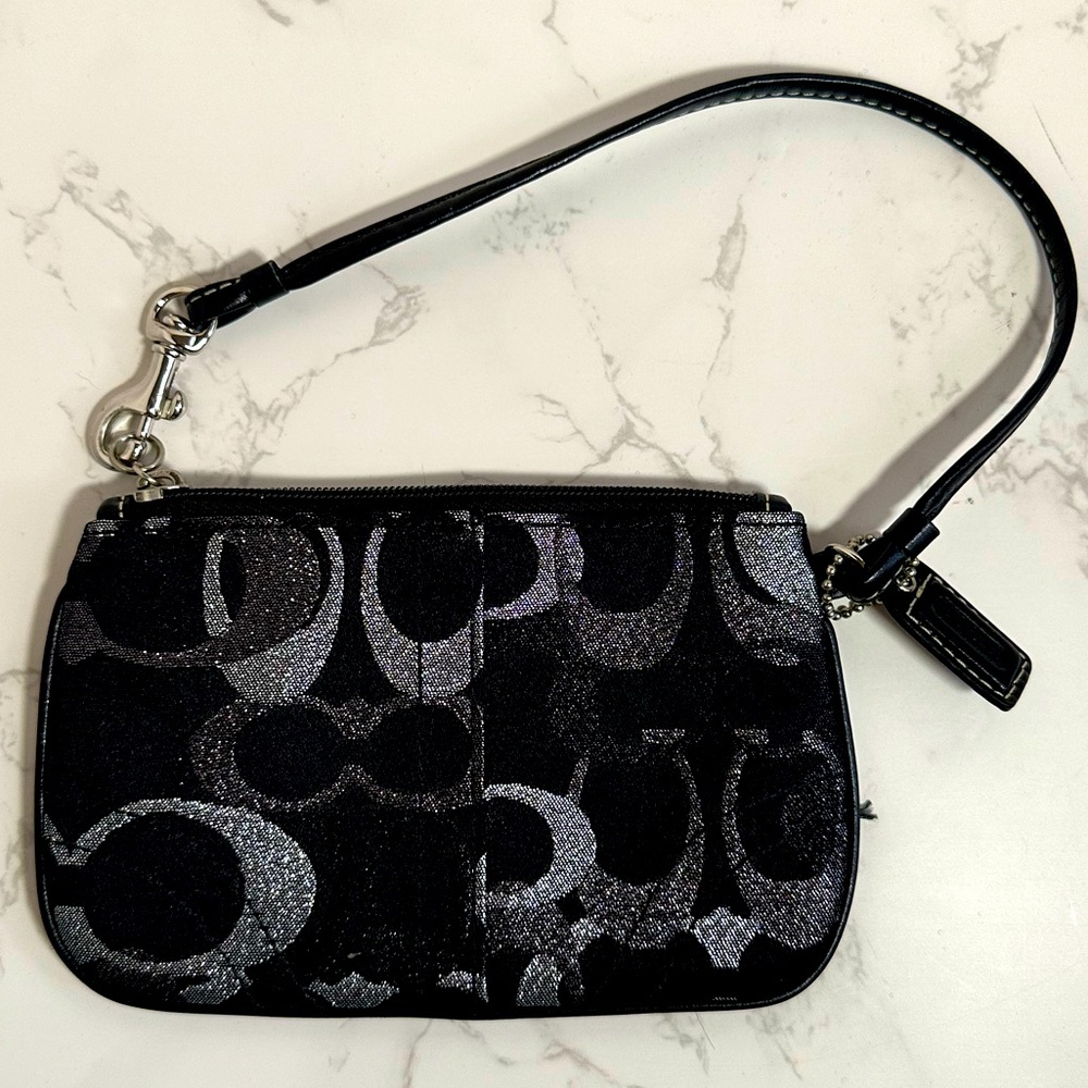 Coach Logo Wristlet Black & Silver Metallic